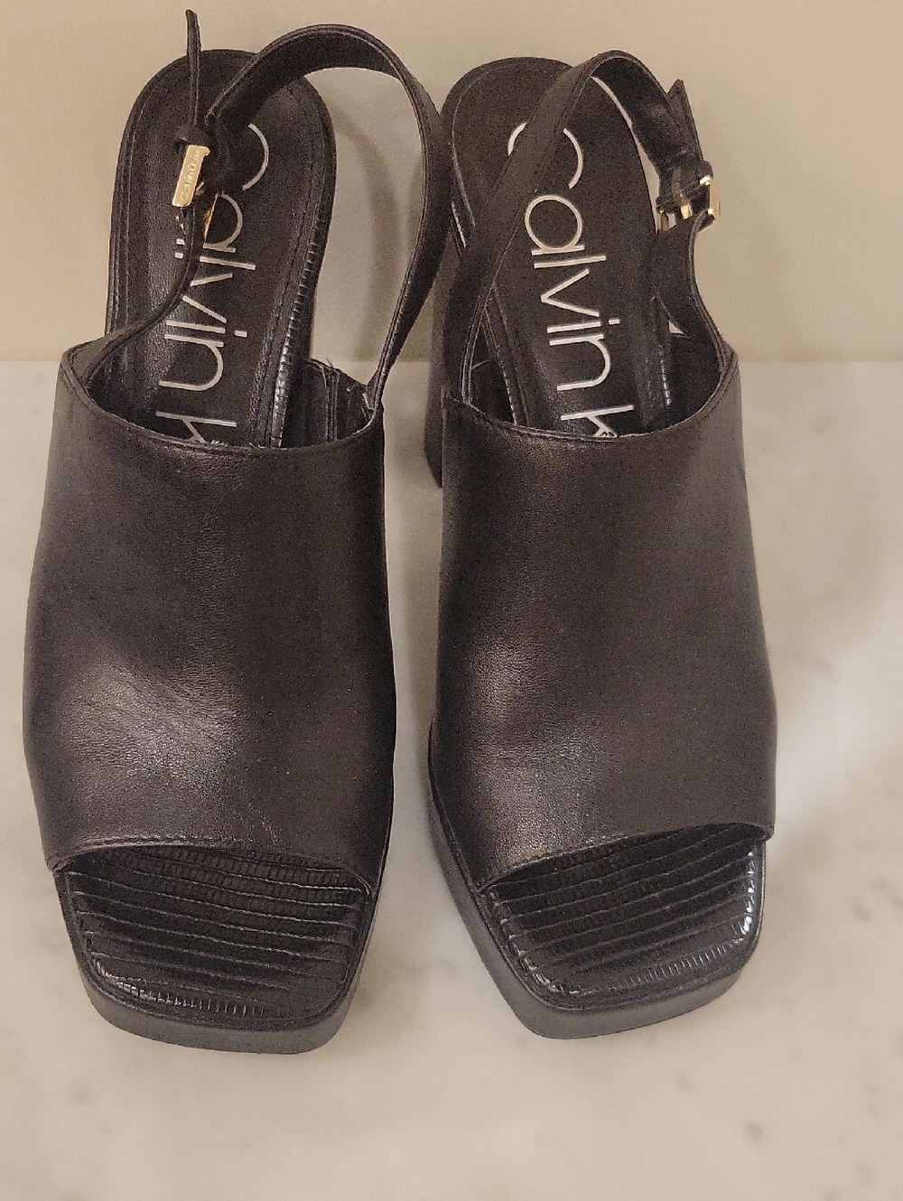 Calvin Klein Black Leather Square-Toe Slingback Block Heels
